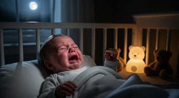 Un bebé con los ojos cerrados y la boca abierta llora en una cuna oscura, con una almohada blanca y una manta clara. Al fondo, la luna y osos de peluche.