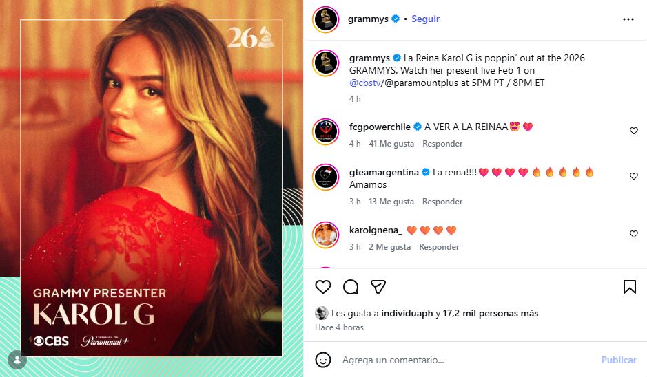 La colombiana compartirá el honor de presentar uno de los premios de la gala junto a figuras como Chapelle Roan o Queen Latifah - crédito @grammys/Instagram
