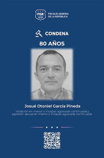 El Tribunal Cuarto de Sentencia de San Salvador condenó a Josué Otoniel García Pineda a 80 años de prisión por agresión sexual y violación contra dos menores en Ciudad Delgado. (Imagen: FGR)