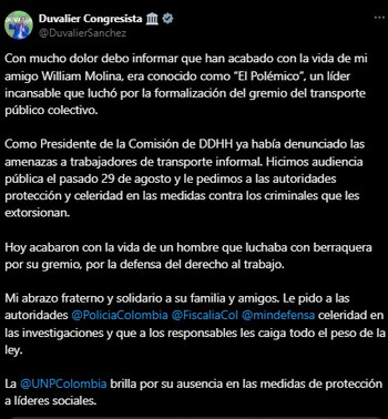 Duvalier Sánches lamentó la muerte