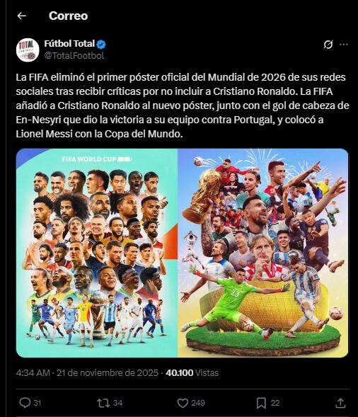 Así se referenció lo ocurrido por parte de otra página especializada en fútbol, de idioma inglés - crédito @TotalFootbol / X