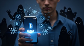 Primer plano de una persona sosteniendo un celular con el Bluetooth activado en pantalla, rodeada por siluetas oscuras de ciberdelincuentes con ojos brillantes.