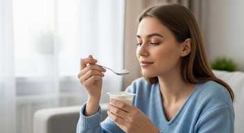 Mujer joven con suéter azul sostiene una cuchara con yogur y un pote de yogur. Está sentada en un interior luminoso, con una ventana de fondo.