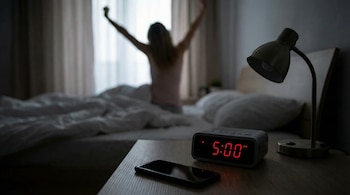 Primer plano de una mesa de luz oscura con un reloj digital que muestra 5:00 AM, un celular y una lámpara apagados. Al fondo, la silueta difusa de una persona se estira en la cama.