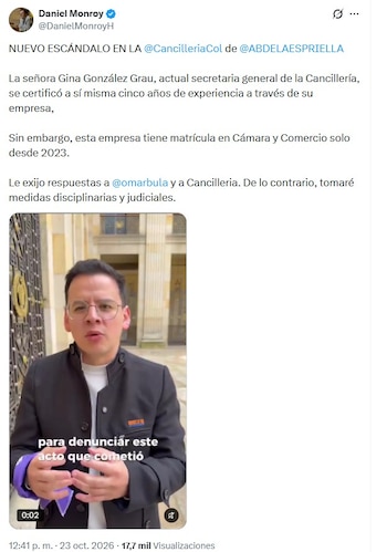 El representante Monroy compartió el mensaje con el video desde su cuenta de X el viernes 23 de octubre de 2026 - crédito @DanielMonroyH/X