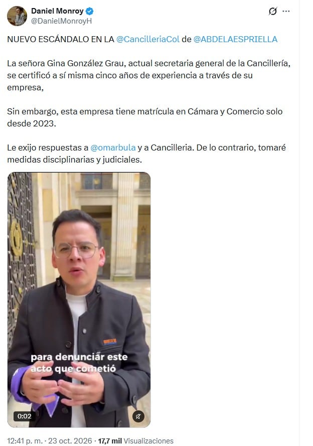 El representante Monroy compartió el mensaje con el video desde su cuenta de X el viernes 23 de octubre de 2026 - crédito @DanielMonroyH/X