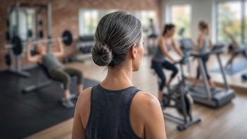Mujer de espaldas con cabello gris recogido en moño observando a otras mujeres en un gimnasio, practicando fuerza, ciclismo y cinta de correr