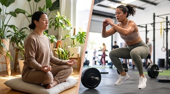 Imagen dividida con una mujer meditando con los ojos cerrados en posición de loto y otra mujer realizando un salto en un gimnasio.