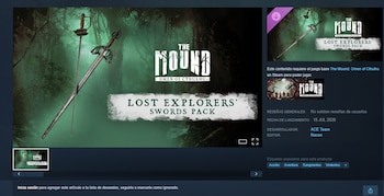Pantalla de monitor de ordenador con la página de Steam de Lost Explorers' Swords Pack. Se ven dos espadas, texto del título y detalles del videojuego