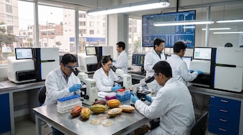 Seis científicos en batas de laboratorio y gafas de seguridad usan microscopios, computadoras y equipos de laboratorio junto a frutos de cacao.
