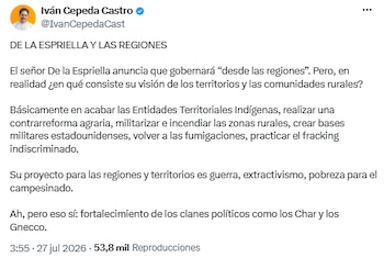Iván Cepeda cuestionó la propuesta regional de De La Espriella y advirtió riesgos para el campo - crédito @IvanCepedaCast/X