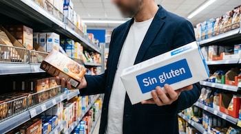 Hombre sostiene una caja de galletas tradicionales en una mano y una caja de galletas "Sin gluten" en la otra, frente a estanterías de supermercado.