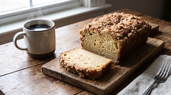 Un panqué de café con una rebanada en una tabla de madera, una taza de café humeante, una servilleta de tela y un tenedor sobre una mesa de madera cerca de una ventana.