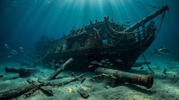 Un barco naufragado de madera en el fondo marino. Cañones, ancla, cadena y monedas de oro están en la arena. Peces y rayos de sol en el agua.