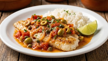 Un plato blanco contiene un filete de pescado a la veracruzana cubierto con salsa roja de tomate, aceitunas verdes en rodajas, cebolla y alcaparras, acompañado de arroz blanco y un gajo de lima al lado