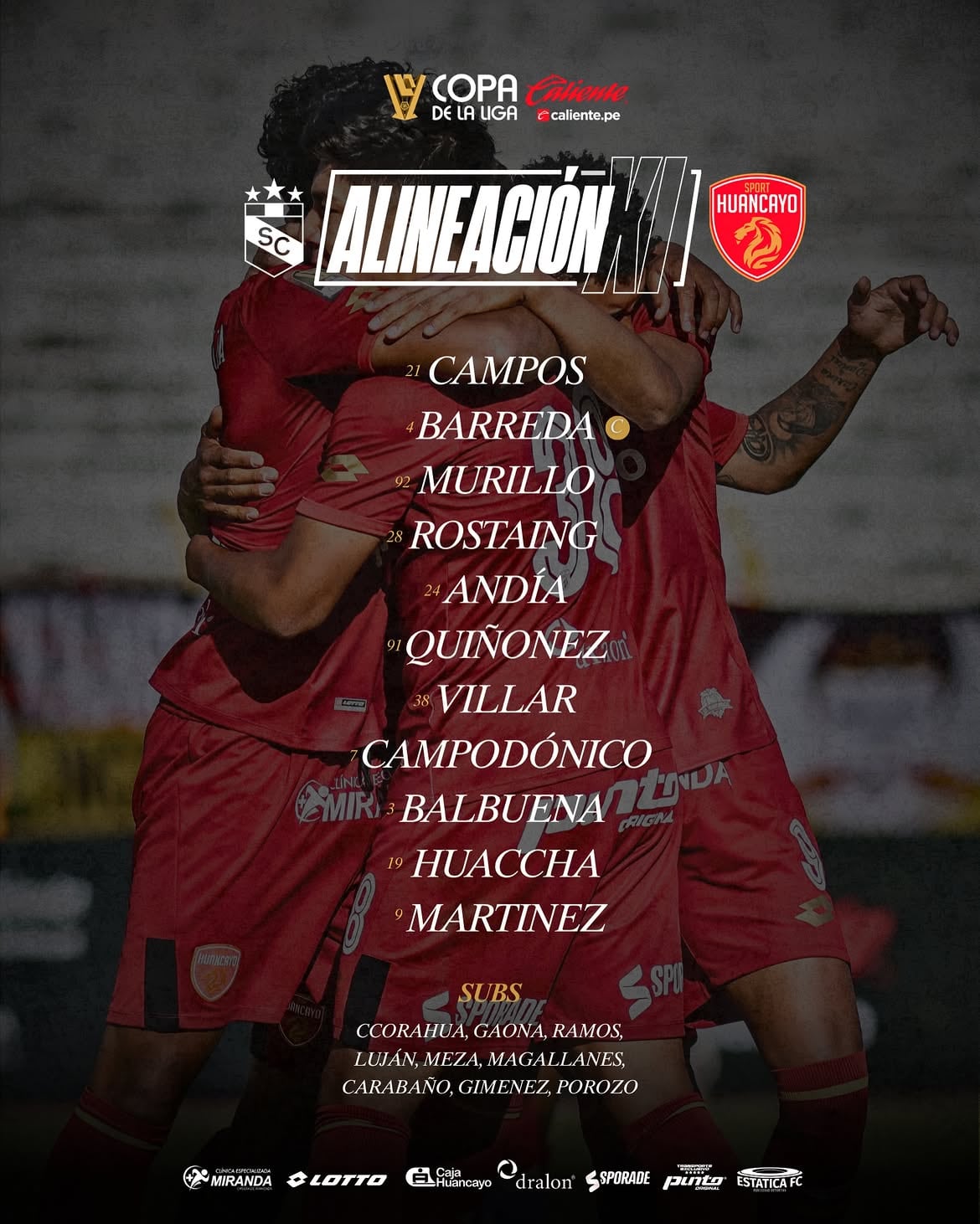 Alineación confirmada de Sport Huancayo ante Sporting Cristal. Crédito: Instagram Sport Huancayo.