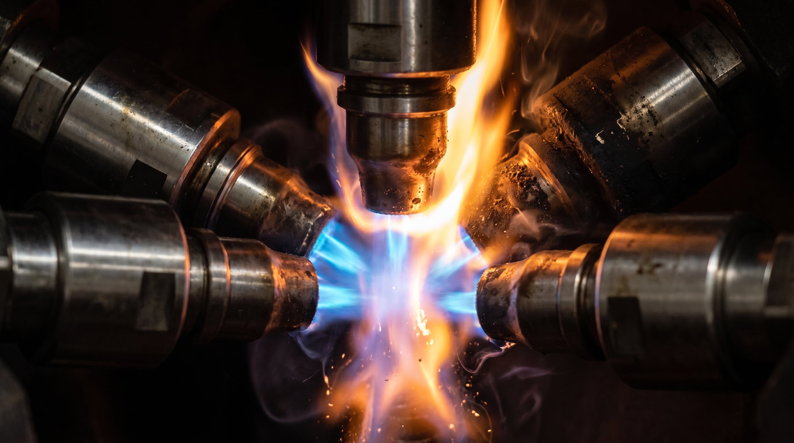 Varias toberas metálicas de inyección de una planta térmica emiten llamas azules y naranjas durante el proceso de combustión de combustible. (Imagen Ilustrativa Infobae)