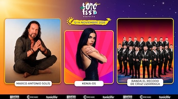 Cartel promocional con fotos de Marco Antonio Solís, Kenia Os y Banda El Recodo junto al logotipo de Tonic Fest Acapulco.