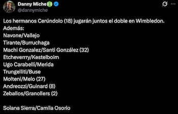 Las parejas de los tenistas sudamericanos para Wimbledon 2026. Crédito: Captura X.
