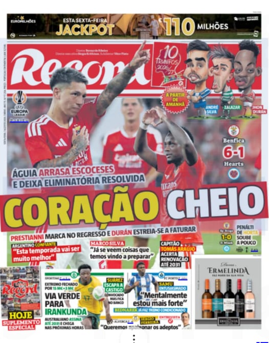 El diario lisboeta destacó la entrada de los colombianos durante el partido ante el cuadro escocés-crédito Record Portugal