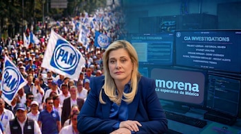 Mujer rubia en traje azul sentada frente a monitores; detrás, una multitud borrosa con banderas del PAN, y pantallas con "CIA INVESTIGATIONS" y "morena".