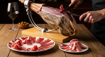 Primer plano de manos cortando un jamón Ibérico entero en un soporte de madera, con platos de jamón ya cortado, un vaso de vino tinto y aceitunas.