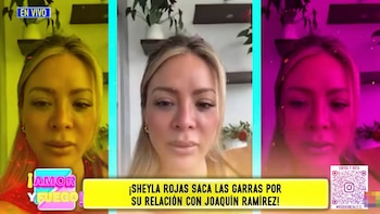 Tres tomas de Sheyla Rojas frente a una cámara, presentadas en un programa de televisión con un rótulo informativo en la base