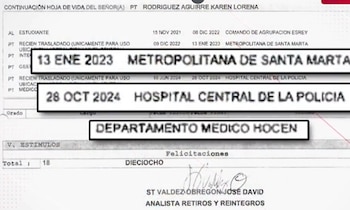 Una patrullera identificada como Karen Rodríguez ejerció actividades médicas en el Hospital Central de la Policía en Bogotá durante más de mes y medio, otorgando incapacidades y diagnósticos a oficiales, suboficiales y civiles sin poseer formación profesional en medicina ni el registro sanitario obligatorio - crédito captura de pantalla Noticias Uno