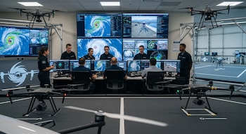 Centro de monitoreo donde un equipo supervisa grandes pantallas con mapas de huracanes y datos. Drones visibles en el suelo y uno suspendido en el aire.