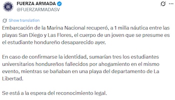 Una embarcación de la Marina Nacional localizó un cuerpo a una milla náutica entre las playas San Diego y Las Flores, que podría corresponder al estudiante hondureño desaparecido. (Cortesía: Fuerza Armada)