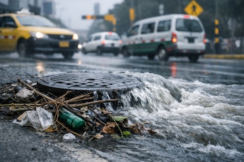 Una alcantarilla desbordada lanza agua sobre una calle en Lima, rodeada de ramas y basura. Vehículos y señales de tránsito se ven al fondo.
