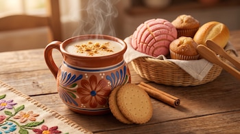 Taza de barro decorada con bebida caliente, dos galletas redondas, canela en rama y una cesta con pan dulce sobre una mesa de madera.