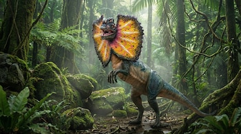 Un Dilophosaurus con un gran collar de volantes anaranjados, amarillos y morados se alza en una selva tropical oscura, con árboles, rocas musgosas y helechos.