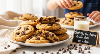 Um prato de biscoitos de chocolate, um pedaço. Uma fraca faísca de fogo. Um copo de leite. Pôster 'Biscoitos com gotas de chocolate sem açúcar'. A mão pega um bolo.