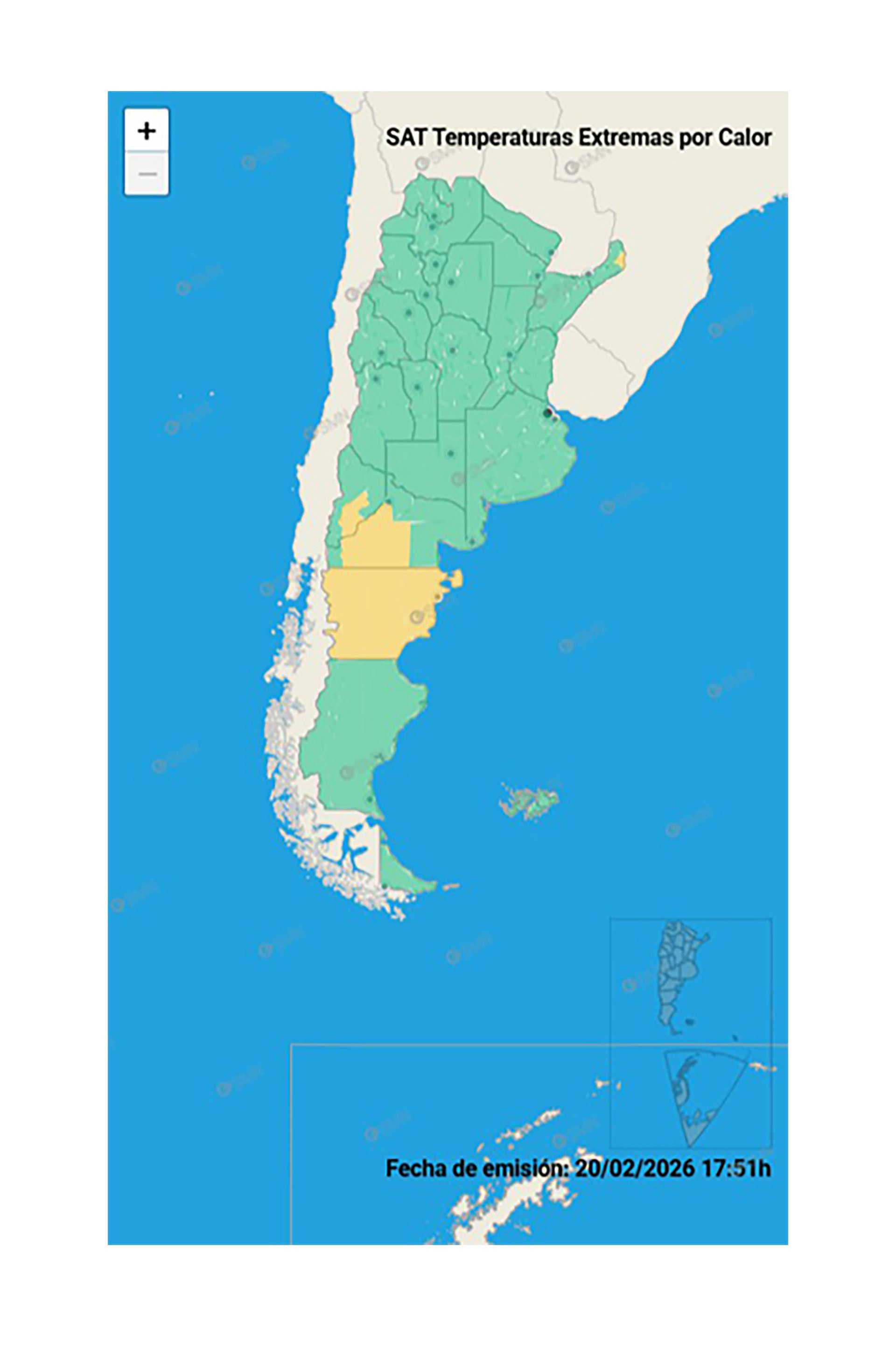 Este mapa muestra el pronóstico de temperaturas extremas por calor en Argentina para el 21 de febrero de 2026, indicando áreas con diferentes niveles de riesgo. (SMN)