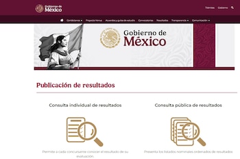 Sitio web del Gobierno de México con el título Publicación de resultados y dos opciones de consulta con iconos de documentos y lupas