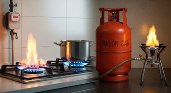 Comparación de estufa de gas natural con olla y medidor, y balón de gas naranja con quemador portátil, ambos con llamas activas en una cocina.