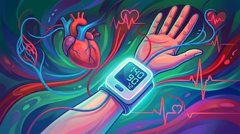Ilustración de un brazo con un tensiómetro digital en la muñeca que marca 140/90, un corazón y trazados de pulso cardíaco.