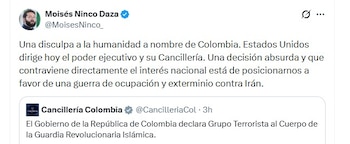 El exembajador de Colombia en México Moisés Ninco Daza cuestionó duramente la ruptura diplomática - crédito @MoisesNinco_/X