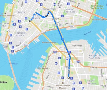Mapa que muestra la ubicación estratégica del puente sobre el East River, conectando zonas de alta densidad como el Distrito Financiero, Chinatown y DUMBO, áreas directamente impactadas por los proyectos de reutilización de infraestructura.