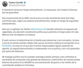 Carrillo, exdirector de la Unidad Nacional para la Gestión del Riesgo de Desastres (Ungrd), aseguró que cuenta con dos resoluciones de la UNP que, según afirmó, reconocen que enfrenta un riesgo extraordinario - crédito @CarlosCarrilloA/X