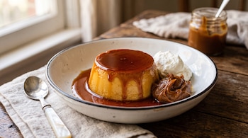 Un flan bañado en caramelo con dulce de leche y crema batida en un plato hondo blanco, al lado de una cuchara sobre una mesa de madera.