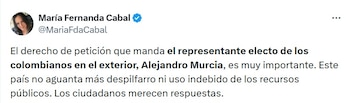María Fernanda Cabal sobre investigación a la embajada de Colombia en Brasil - crédito @MariaFdaCabal/X