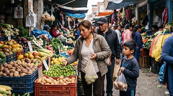 Una mujer y un niño sostienen bolsas de compras frente a cajones con limones, papas y mangos en un mercado al aire libre.