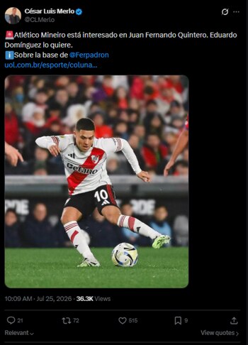 Juan Fernando Quintero quedó como agente libre después de la rescisión de su contrato con River Plate-crédito @CLMerlo/X