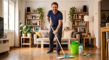Hombre sonriente con una mopa en una sala con suelo de madera, junto a un cubo verde, un limpiador y estanterías con libros.