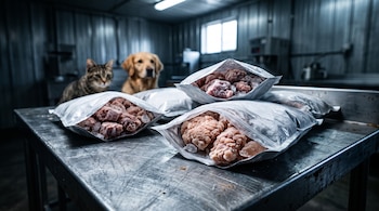 Bolsas transparentes con trozos de carne cruda congelada sobre una mesa metálica, con un gato y un perro al fondo.