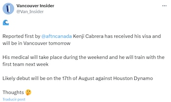 Kenji Cabrera podría debutar con el Vancouver Whitecaps el próximo domingo 17 de agosto.