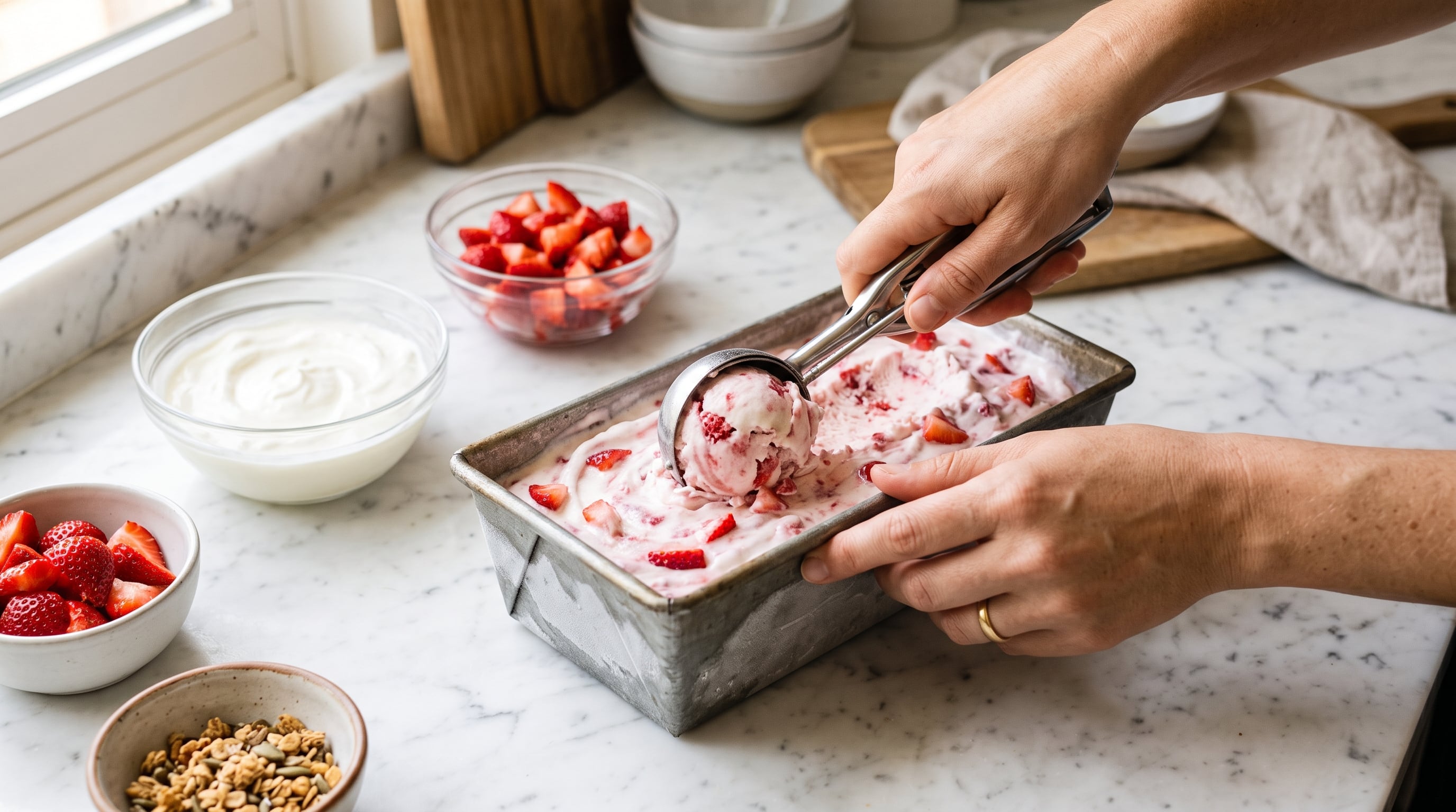 La preparación del helado con frutillas exige 15 minutos de trabajo y 4 horas de freezer antes de servir (Imagen Ilustrativa Infobae)