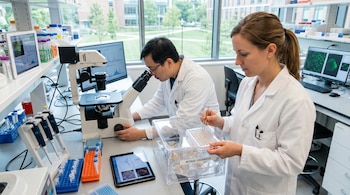 Dos científicos con guardapolvos blancos en un laboratorio. Un hombre observa un microscopio mientras una mujer manipula placas con organoides de retina. Equipos digitales y tubos de ensayo están en la mesa.